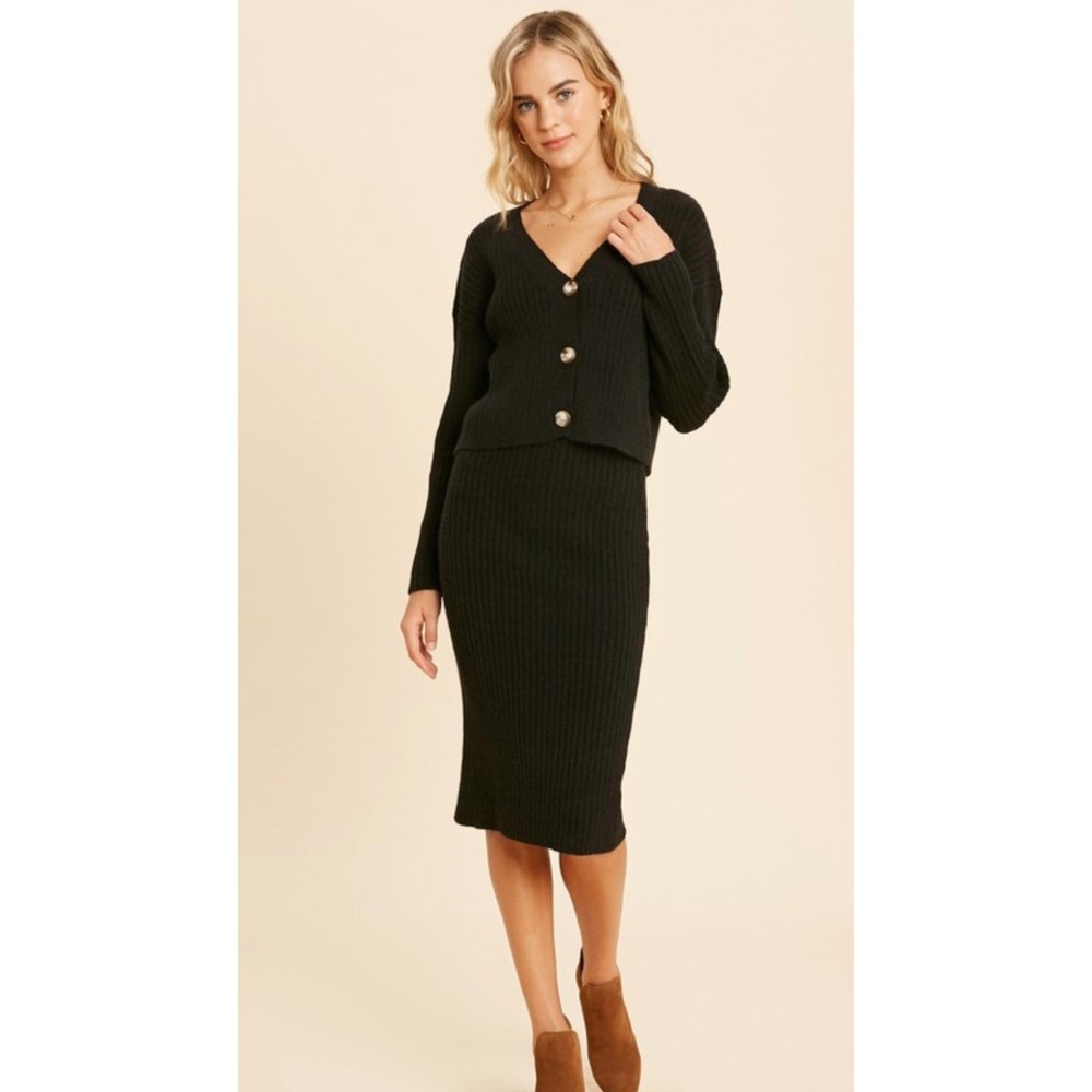 In Loom Black Ribbed Knit Cardigan And Midi Skirt Set V-Neck Long Sleeve Stretch